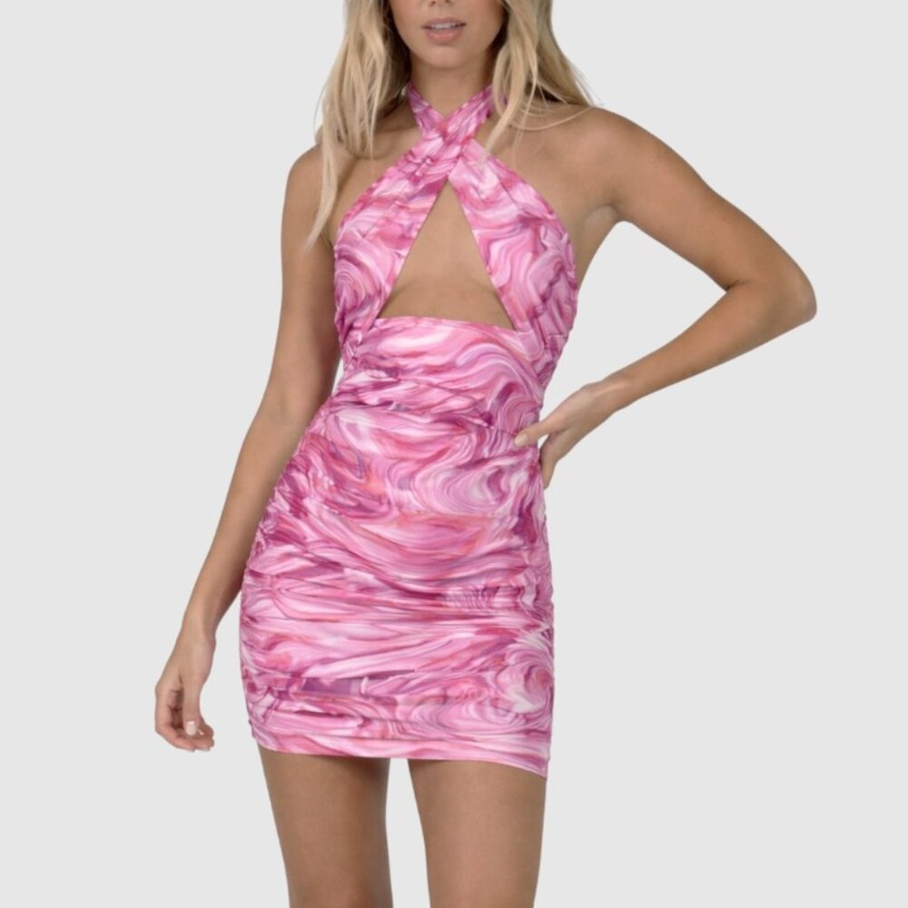 Princess Polly Mini Dress Women US 4 Pink Swirl Halter Ruched Y2K Party Chic